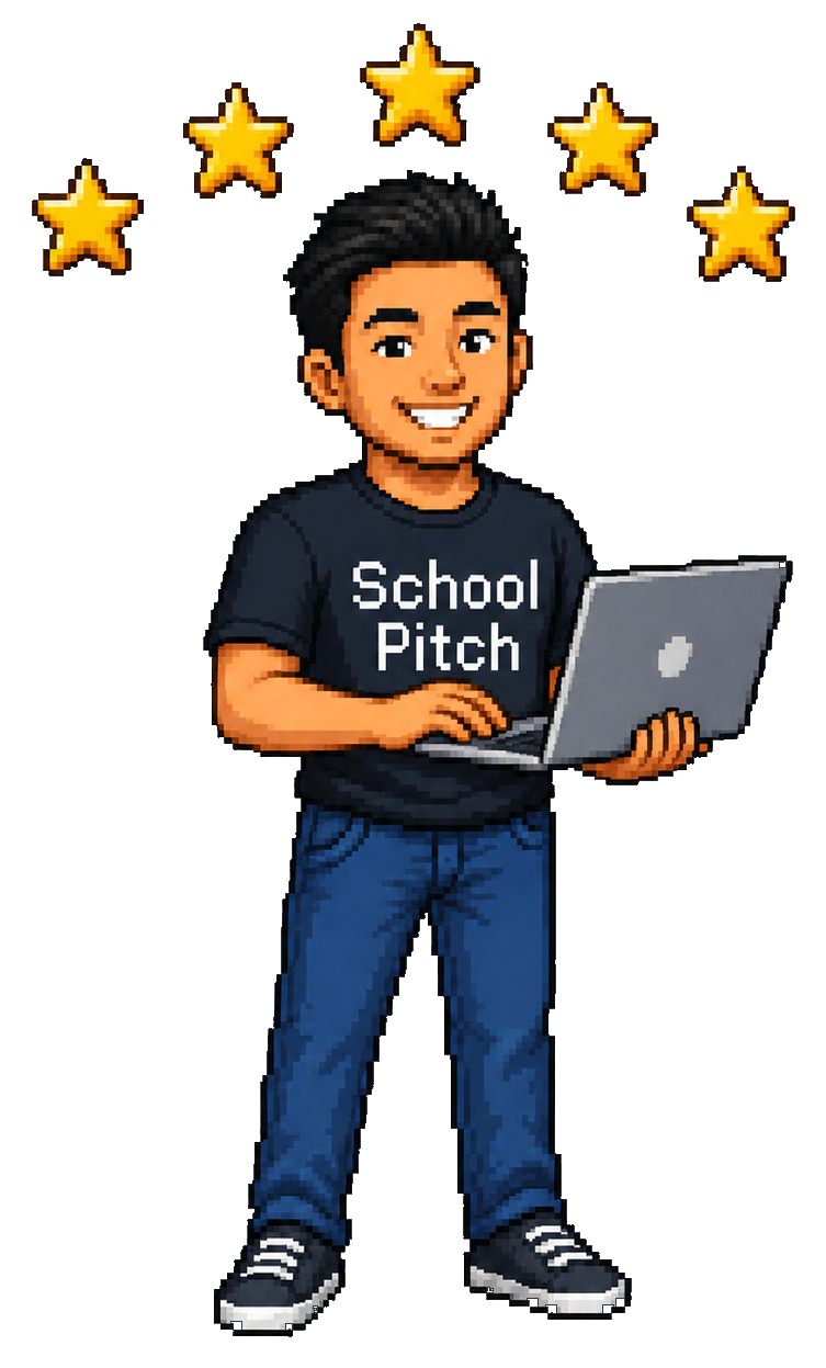 Student wearing a SchoolPitch shirt holding a laptop